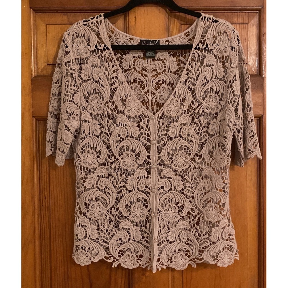 Questions Womens M Taupe Floral Crochet Lace Button Front Cardigan Top Layering